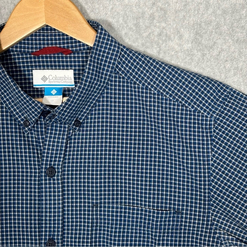 Columbia Plaid Button Down Long Sleeve Cotton Shirt-Blue-Men Size Large Tall